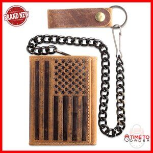 Men's RFID Blocking Tri-fold Leather Wallet with Steel Chain, Vintage Biker